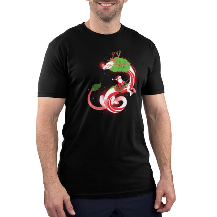 Premium Cotton T-shirt_TeeTurtle Christmas Dragon V2 Black apparel featuring an artistic candy cane dragon with a glowing nose and Santa riding on the back.