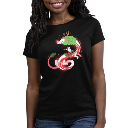 Premium Cotton T-shirt_TeeTurtle Christmas Dragon V2 Black apparel featuring an artistic candy cane dragon with a glowing nose and Santa riding on the back.