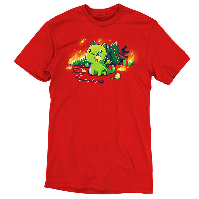 Premium Cotton T-shirt_TeeTurtle Christmas Dragon red apparel featuring a cute green dragon with a broken ornament hanging from its mouth and a Christmas tree on fire behind it.