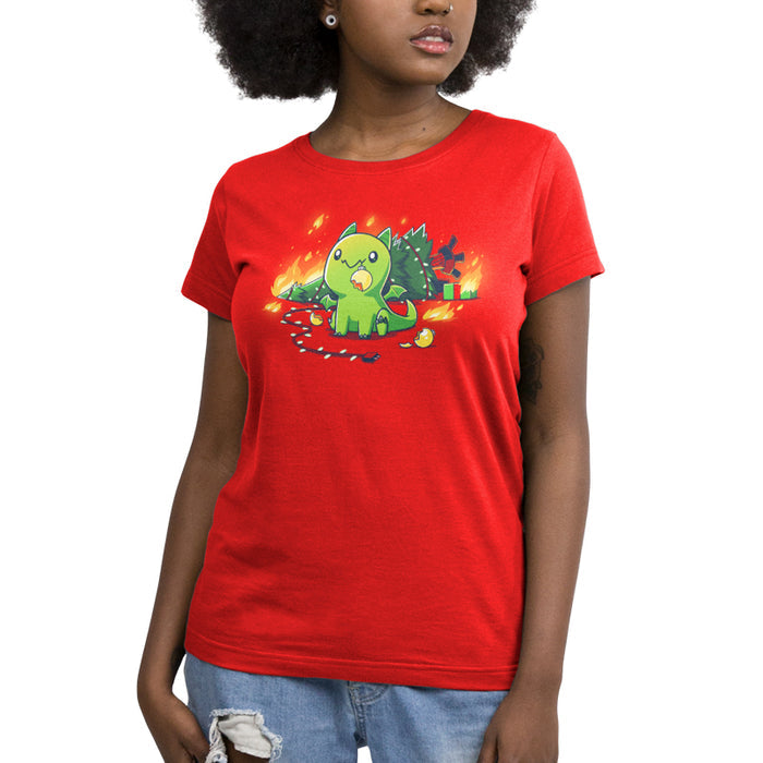 Premium Cotton T-shirt_TeeTurtle Christmas Dragon red apparel featuring a cute green dragon with a broken ornament hanging from its mouth and a Christmas tree on fire behind it.