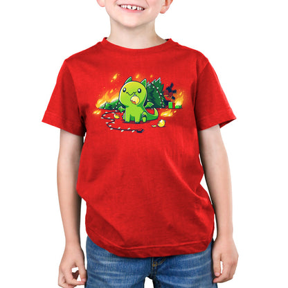 Premium Cotton T-shirt_TeeTurtle Christmas Dragon red apparel featuring a cute green dragon with a broken ornament hanging from its mouth and a Christmas tree on fire behind it.
