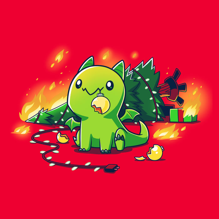 Classic Cotton T-shirt_TeeTurtle Christmas Dragon red apparel featuring a cute green dragon with a broken ornament hanging from its mouth and a Christmas tree on fire behind it.