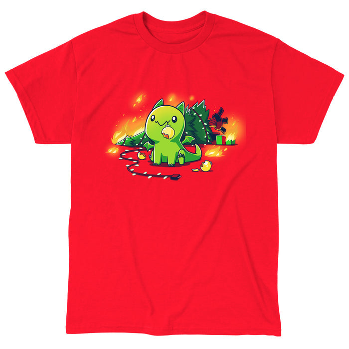 Classic Cotton T-shirt_TeeTurtle Christmas Dragon red apparel featuring a cute green dragon with a broken ornament hanging from its mouth and a Christmas tree on fire behind it.