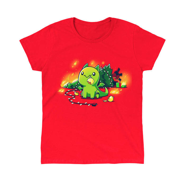 Classic Cotton T-shirt_TeeTurtle Christmas Dragon red apparel featuring a cute green dragon with a broken ornament hanging from its mouth and a Christmas tree on fire behind it.
