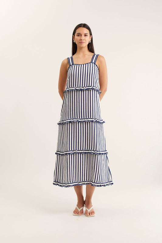 Clementine Breton Linen Dress In Navy/White