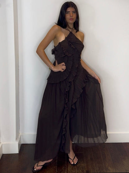 COCO PLEAT MAXI DRESS CHOC