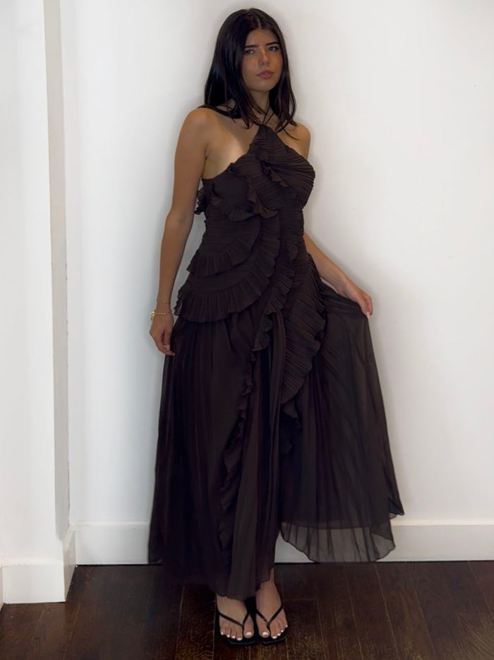 COCO PLEAT MAXI DRESS CHOC
