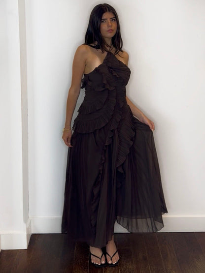 COCO PLEAT MAXI DRESS CHOC