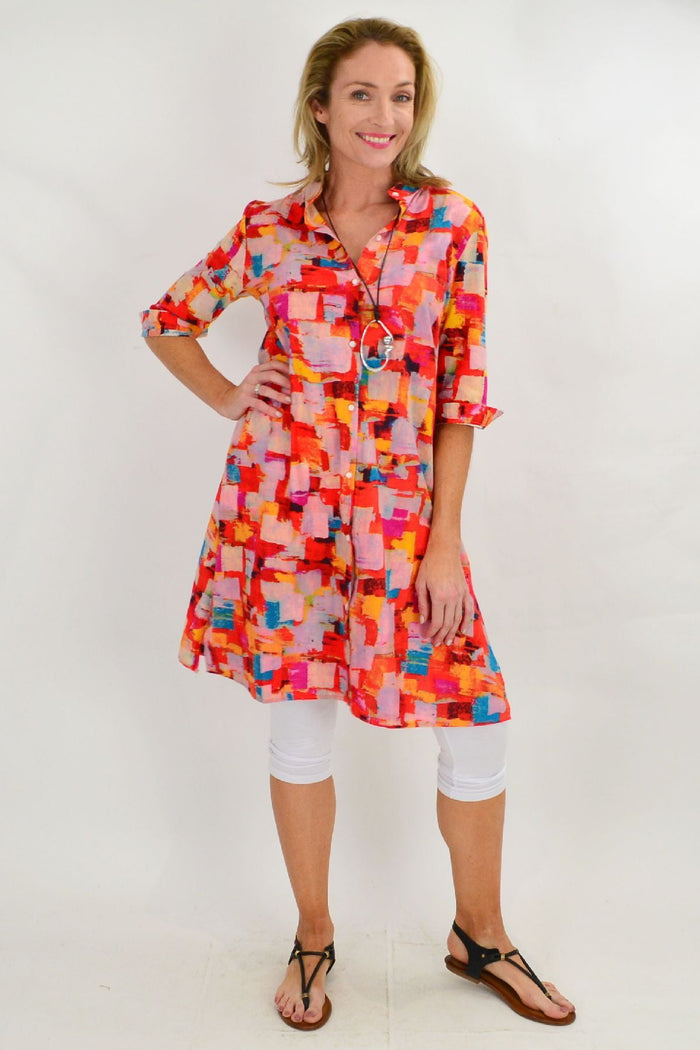 Color block tunic dress by Ruby Rain featuring a long, square-patterned shirt-style design, perfect for casual or stylish wear.