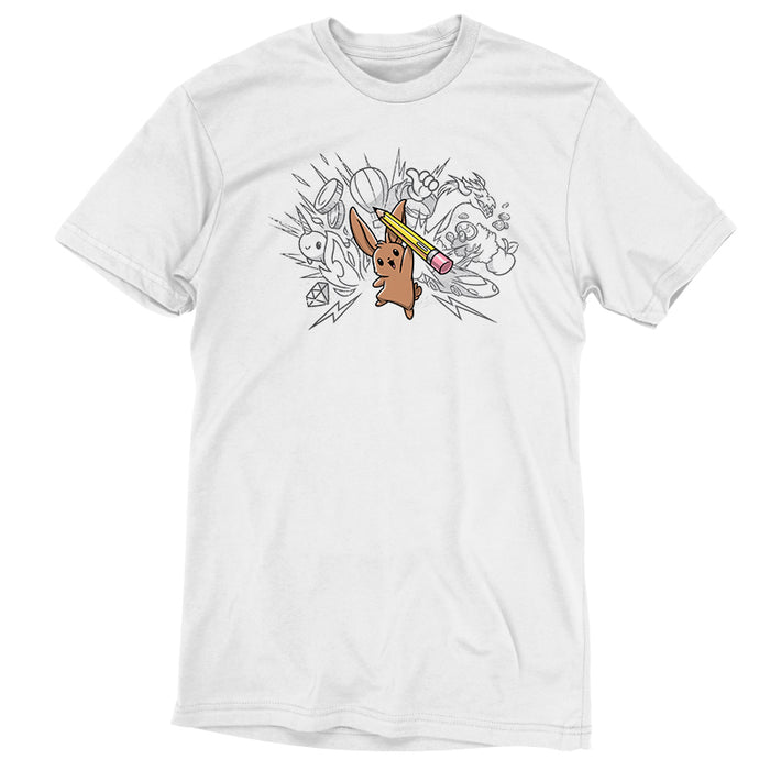 Premium Cotton T-shirt_TeeTurtle white Creative Doodlebunny apparel featuring a bunny holding a pencil with doodles in the background.