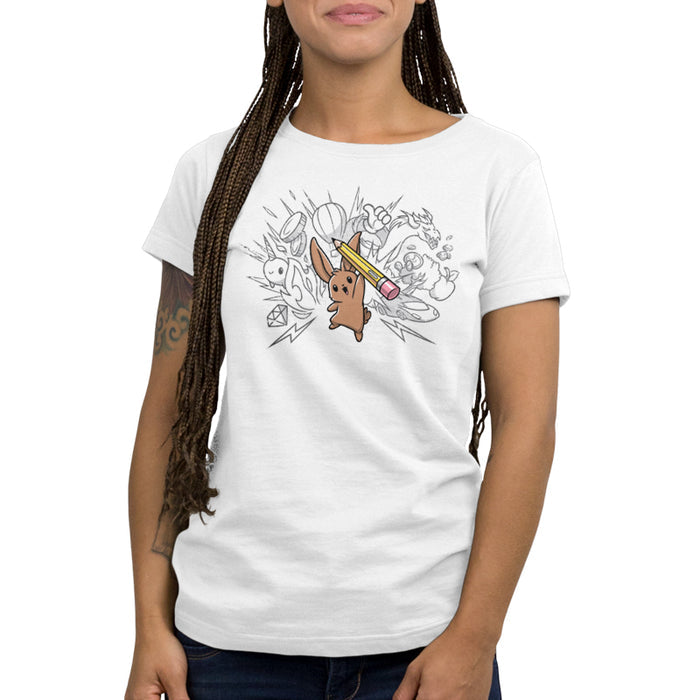 Premium Cotton T-shirt_TeeTurtle white Creative Doodlebunny apparel featuring a bunny holding a pencil with doodles in the background.