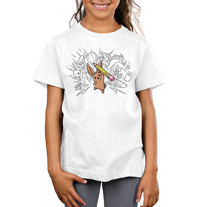 Premium Cotton T-shirt_TeeTurtle white Creative Doodlebunny apparel featuring a bunny holding a pencil with doodles in the background.