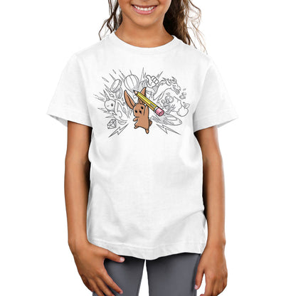 Premium Cotton T-shirt_TeeTurtle white Creative Doodlebunny apparel featuring a bunny holding a pencil with doodles in the background.