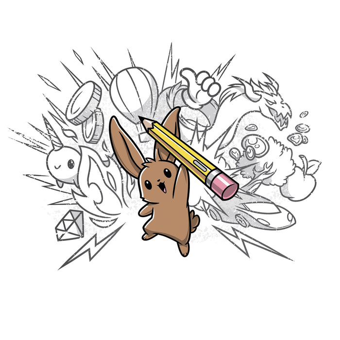 Classic Cotton T-shirt_TeeTurtle white Creative Doodlebunny apparel featuring a bunny holding a pencil with doodles in the background.