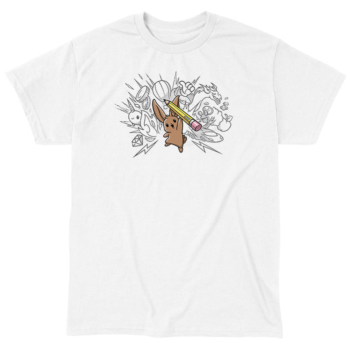 Classic Cotton T-shirt_TeeTurtle white Creative Doodlebunny apparel featuring a bunny holding a pencil with doodles in the background.