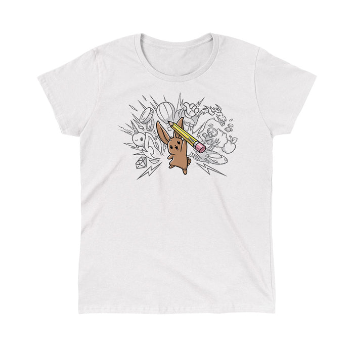 Classic Cotton T-shirt_TeeTurtle white Creative Doodlebunny apparel featuring a bunny holding a pencil with doodles in the background.