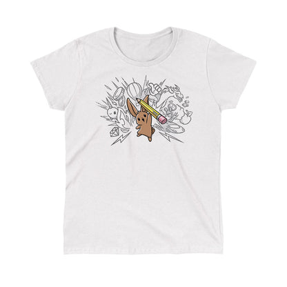 Classic Cotton T-shirt_TeeTurtle white Creative Doodlebunny apparel featuring a bunny holding a pencil with doodles in the background.