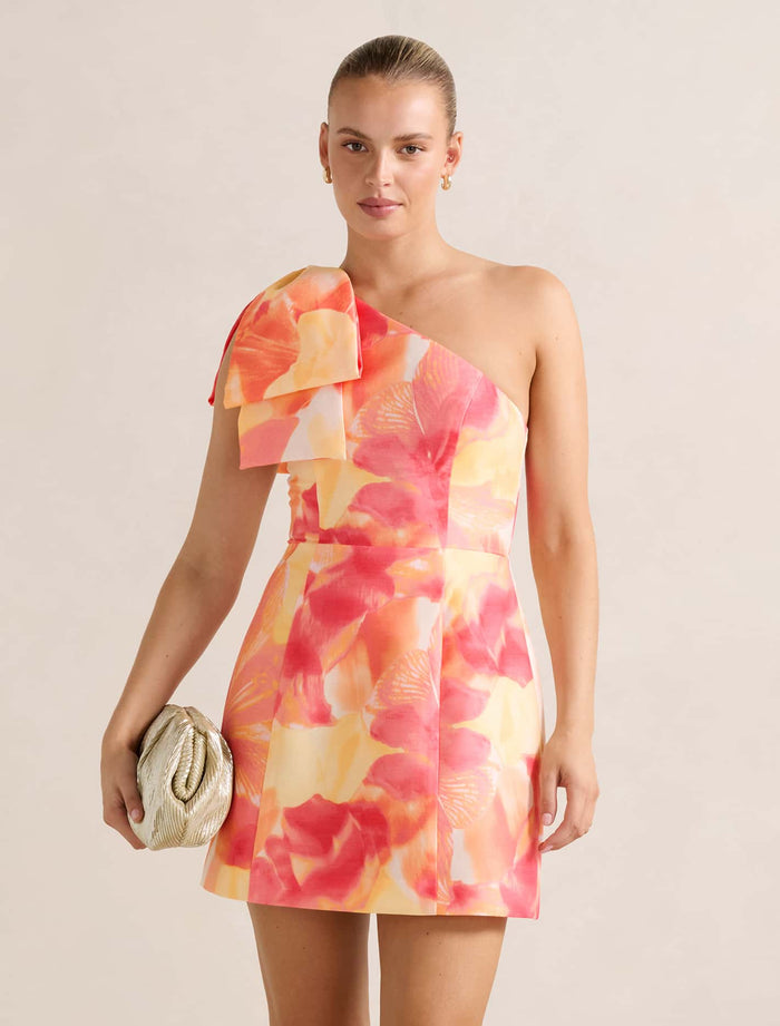 Darcy One Shoulder Bow Mini Dress Sunset Floral Forever New