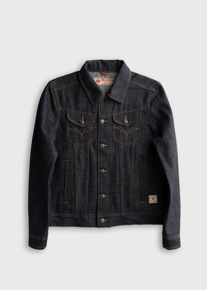 Dark denim jacket with button closure and chest pockets, featuring contrast stitching. Iron & Resin label inside.