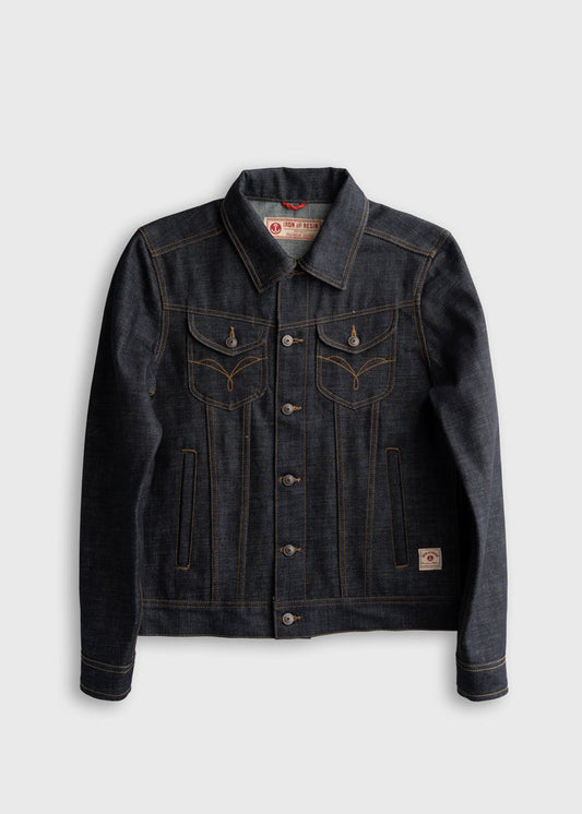 Dark denim jacket with button closure and chest pockets, featuring contrast stitching. Iron & Resin label inside.
