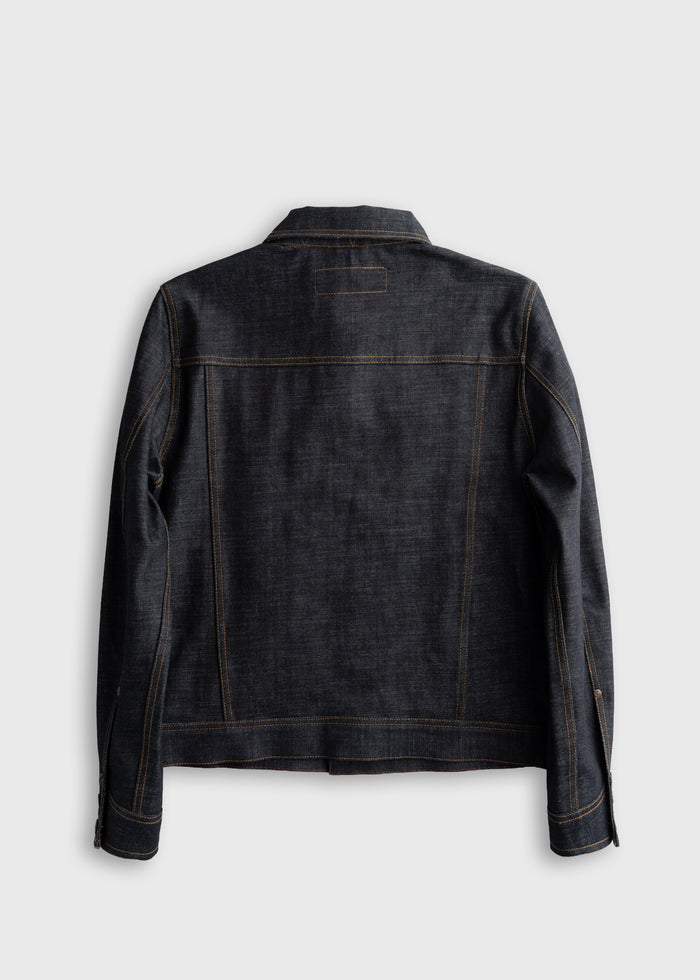 Dark denim jacket viewed from the back, showcasing classic stitching and structured design against a plain background.