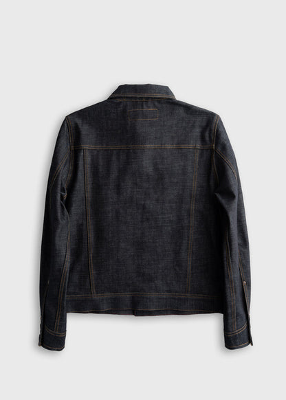 Dark denim jacket viewed from the back, showcasing classic stitching and structured design against a plain background.