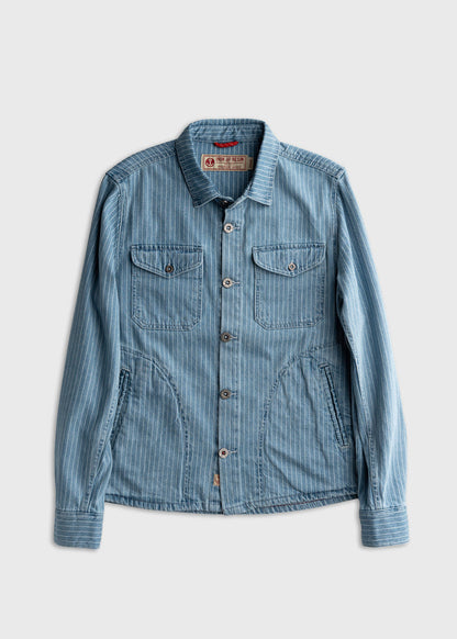 Men’s striped denim button up shirt with metal buttons and dual chest pockets, durable cotton workwear shirt with classic long sleeve fit and locker loop detail