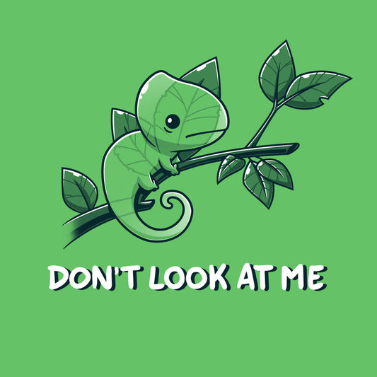 Premium Cotton T-shirt_Teeturtle Don't Look At Me apple t-shirt featuring a little cartoon Chameleon trying to cloak itself against leaves while on a branch with 'Don't look at me.' written underneath the image.