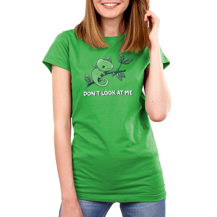Premium Cotton T-shirt_Teeturtle Don't Look At Me apple t-shirt featuring a little cartoon Chameleon trying to cloak itself against leaves while on a branch with 'Don't look at me.' written underneath the image.