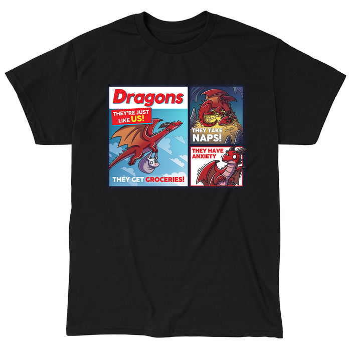 Classic Cotton T-shirt_TeeTurtle black Dragons: They're Just Like Us! t-shirt featuring a dragon getting groceries by holding a cow in a grocery bag and flying in the sky, taking a nap on a pile of gold coins, and shaking from anxiety.