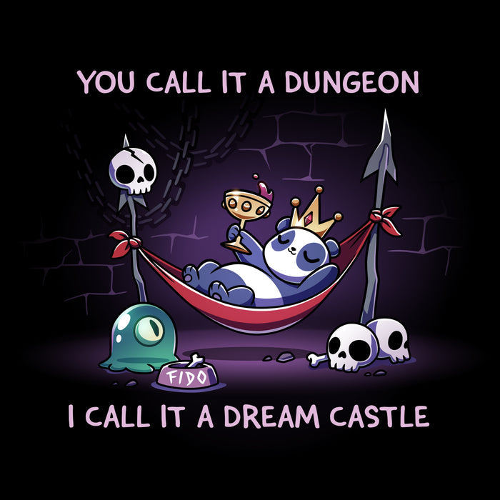 Premium Cotton T-shirt_TeeTurtle black Dream Castle t-shirt featuring a panda relaxing in a hammock propped with spears in a dungeon surrounded by skulls and a slime pet.