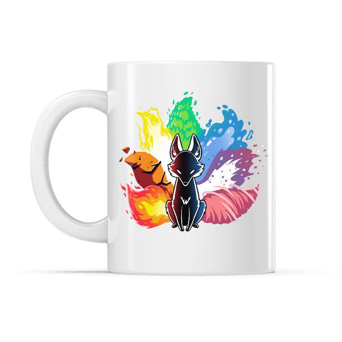 Ceramic Mug_TeeTurtle Elemental Kitsune white mug featuring a kitsune with tails made of various elements.