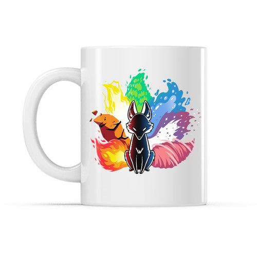 Ceramic Mug_TeeTurtle Elemental Kitsune white mug featuring a kitsune with tails made of various elements.