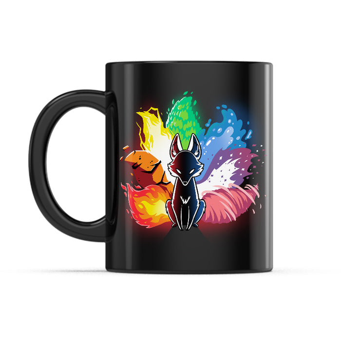 Ceramic Mug_TeeTurtle Elemental Kitsune black mug featuring a kitsune with tails made of various elements.