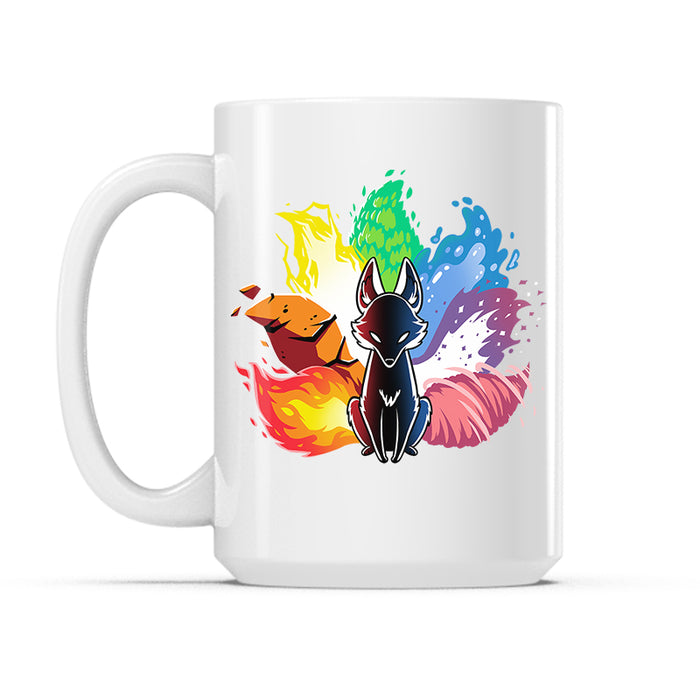 Ceramic Mug_TeeTurtle Elemental Kitsune white mug featuring a kitsune with tails made of various elements.
