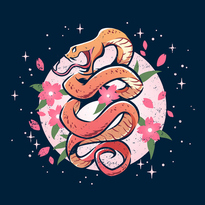 Classic Cotton T-shirt_TeeTurtle  navy blue Enchanting Snake apparel featuring an orange snake coiling upwards with pink flowers and petals surrounding it.