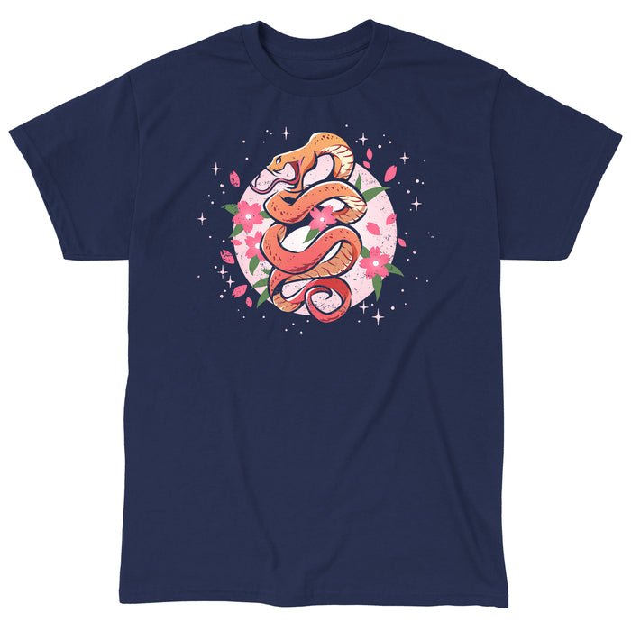 Classic Cotton T-shirt_TeeTurtle  navy blue Enchanting Snake apparel featuring an orange snake coiling upwards with pink flowers and petals surrounding it.