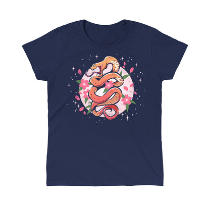 Classic Cotton T-shirt_TeeTurtle  navy blue Enchanting Snake apparel featuring an orange snake coiling upwards with pink flowers and petals surrounding it.