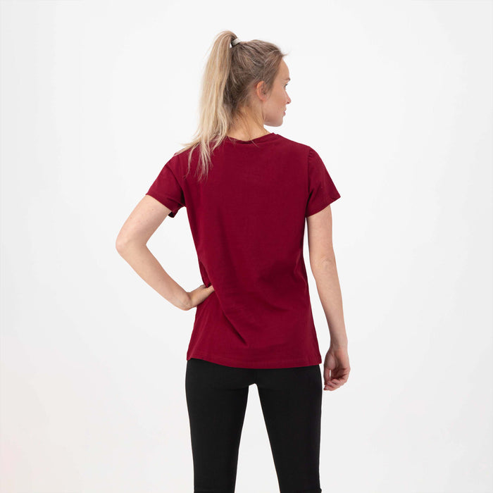 Rogelli Casual Enjoy Life Graphic t-shirt korte mouwen dames bordeaux gedragen achterkant.