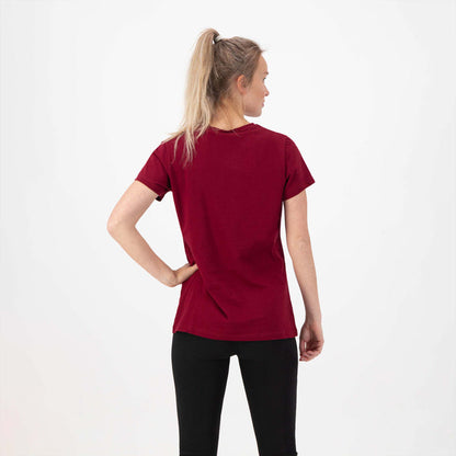 Rogelli Casual Enjoy Life Graphic t-shirt korte mouwen dames bordeaux gedragen achterkant.