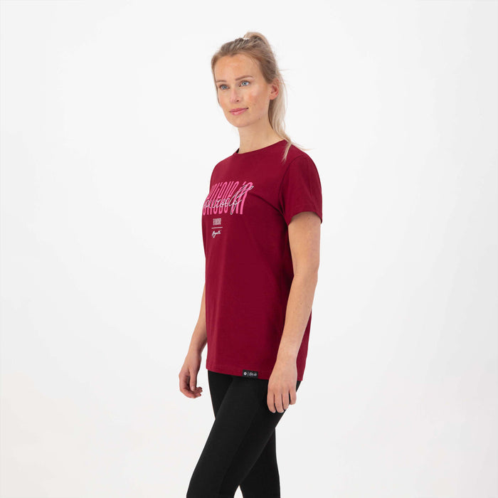 Rogelli Casual Enjoy Life Graphic t-shirt korte mouwen dames bordeaux gedragen voorkant.