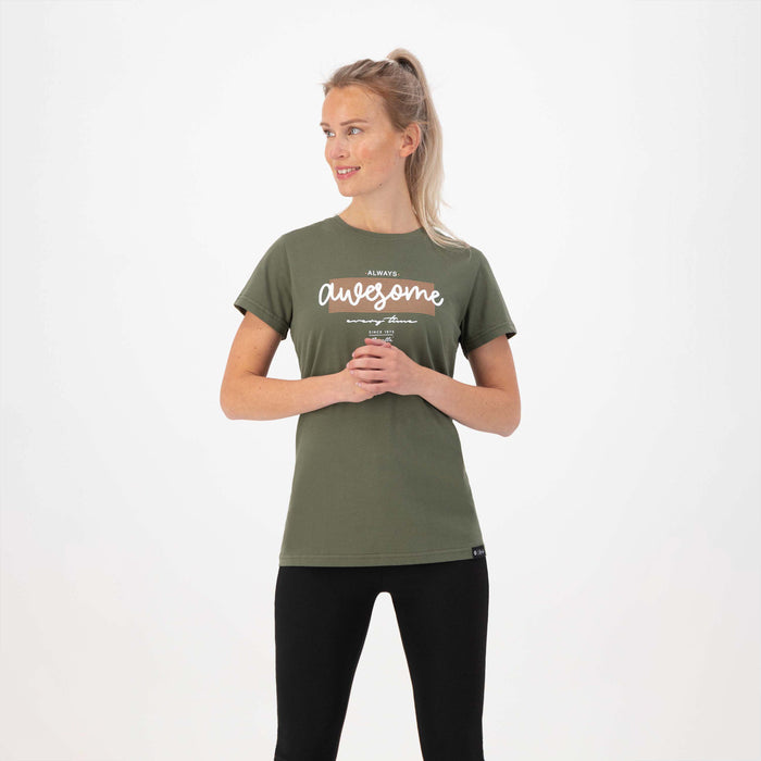 Rogelli Casual Enjoy Life Graphic t-shirt korte mouwen dames groen gedragen voorkant.