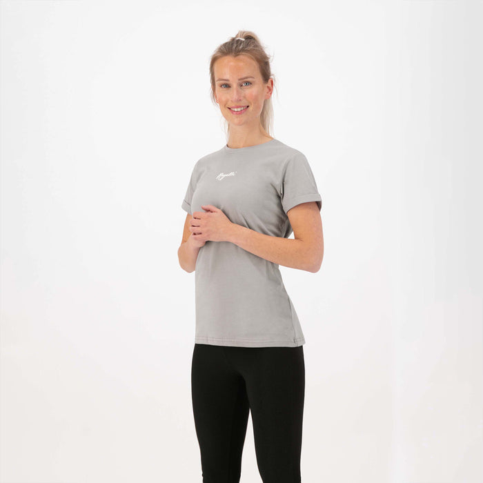 Rogelli Casual Enjoy Life t-shirt korte mouwen dames beige gedragen voorkant.