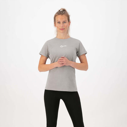 Rogelli Casual Enjoy Life t-shirt korte mouwen dames beige gedragen voorkant.