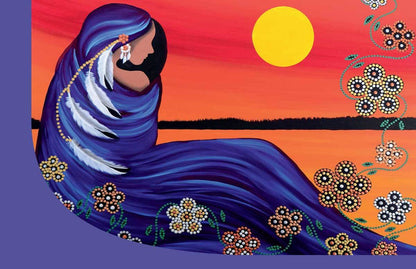 Evening Sun Woman - Signature Notebook cover with a Cree woman in purple shawl against a sunset background.