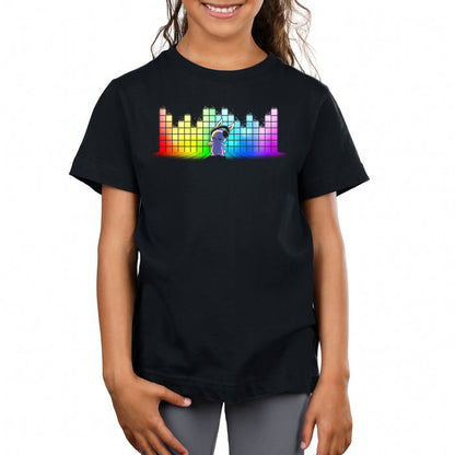 Premium Cotton T-shirt_TeeTurtle black Feel the Music featuring a bunny with a headset dancing with a rainbow equalizer bar in the background.