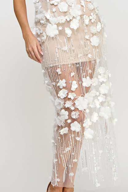 Floral Applique Maxi Tube Dress with Beads