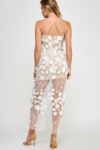 Floral Applique Maxi Tube Dress with Beads