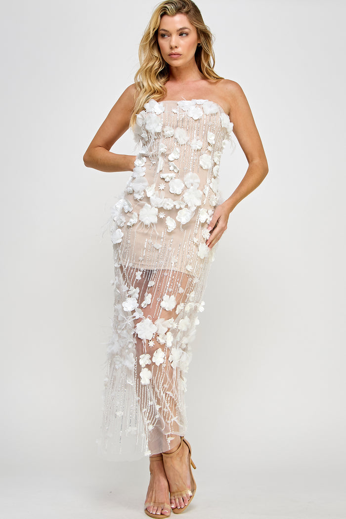 Floral Applique Maxi Tube Dress with Beads