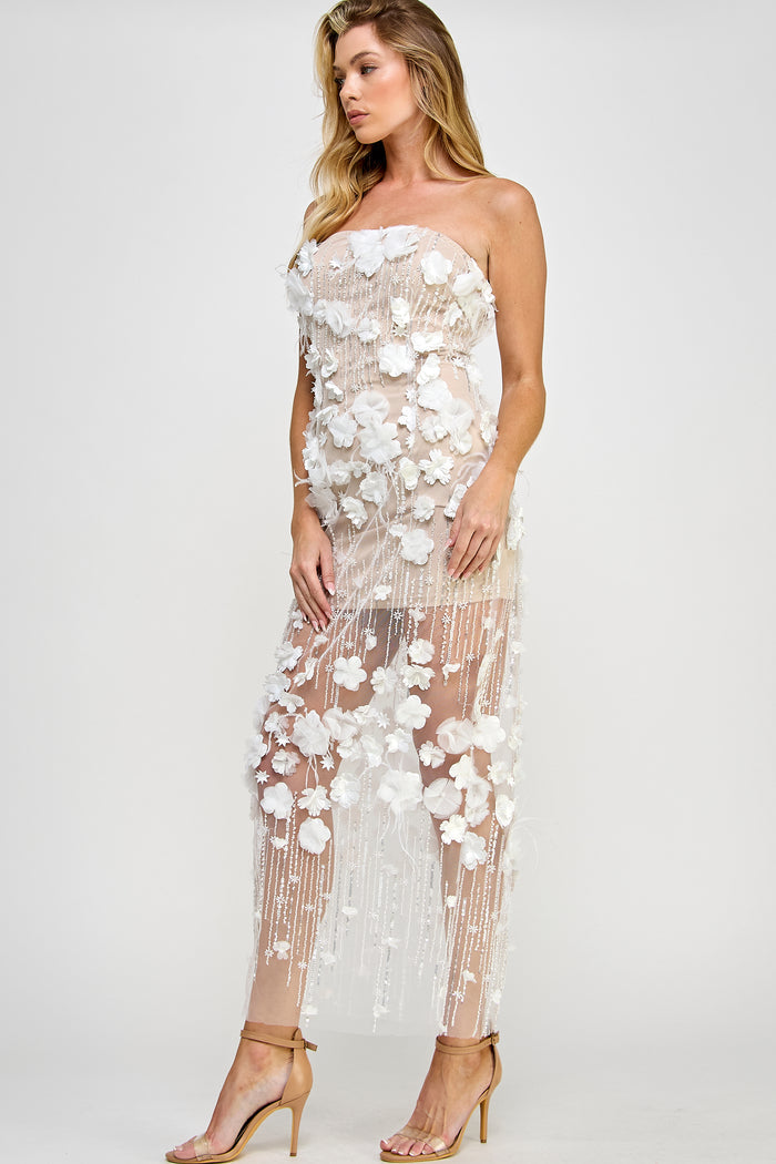 Floral Applique Maxi Tube Dress with Beads